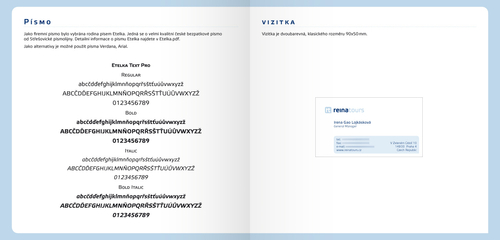 Vnitřní stránka CI manuálu - písmo a vizitka